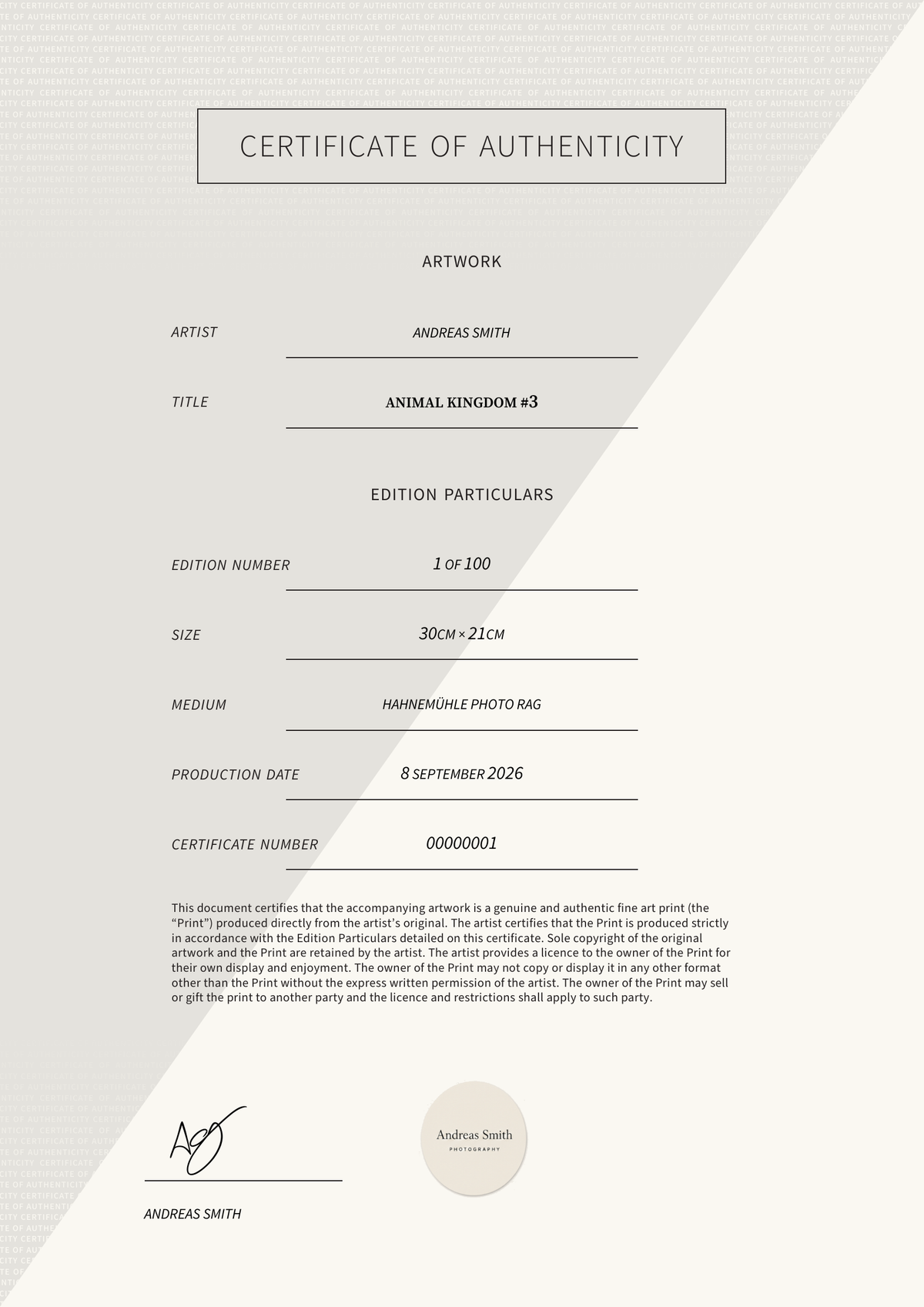 Animal Kingdom #3 — Certificate of Authenticity