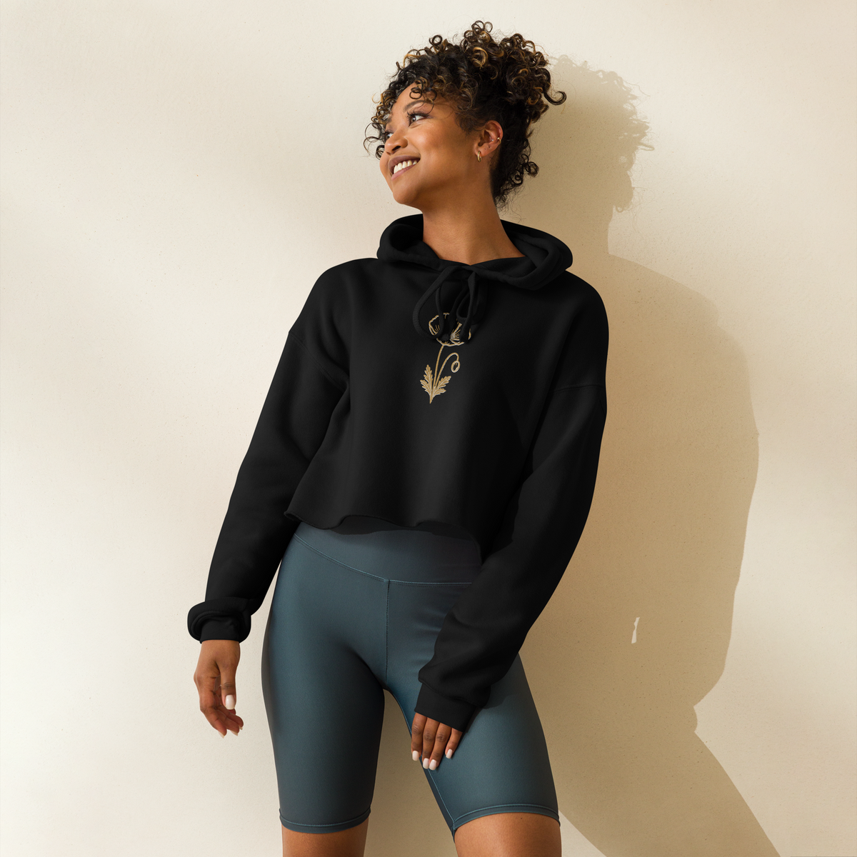 Flower Cropped Hoodie — Black — front view