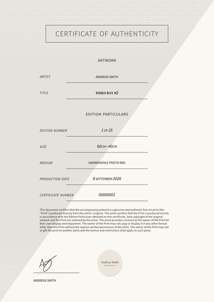 Disko Bay #2 — Certificate of Authenticity