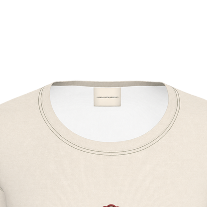 Natalie’s Flower Fitted T-Shirt — Cream / Burgundy, neckline detail