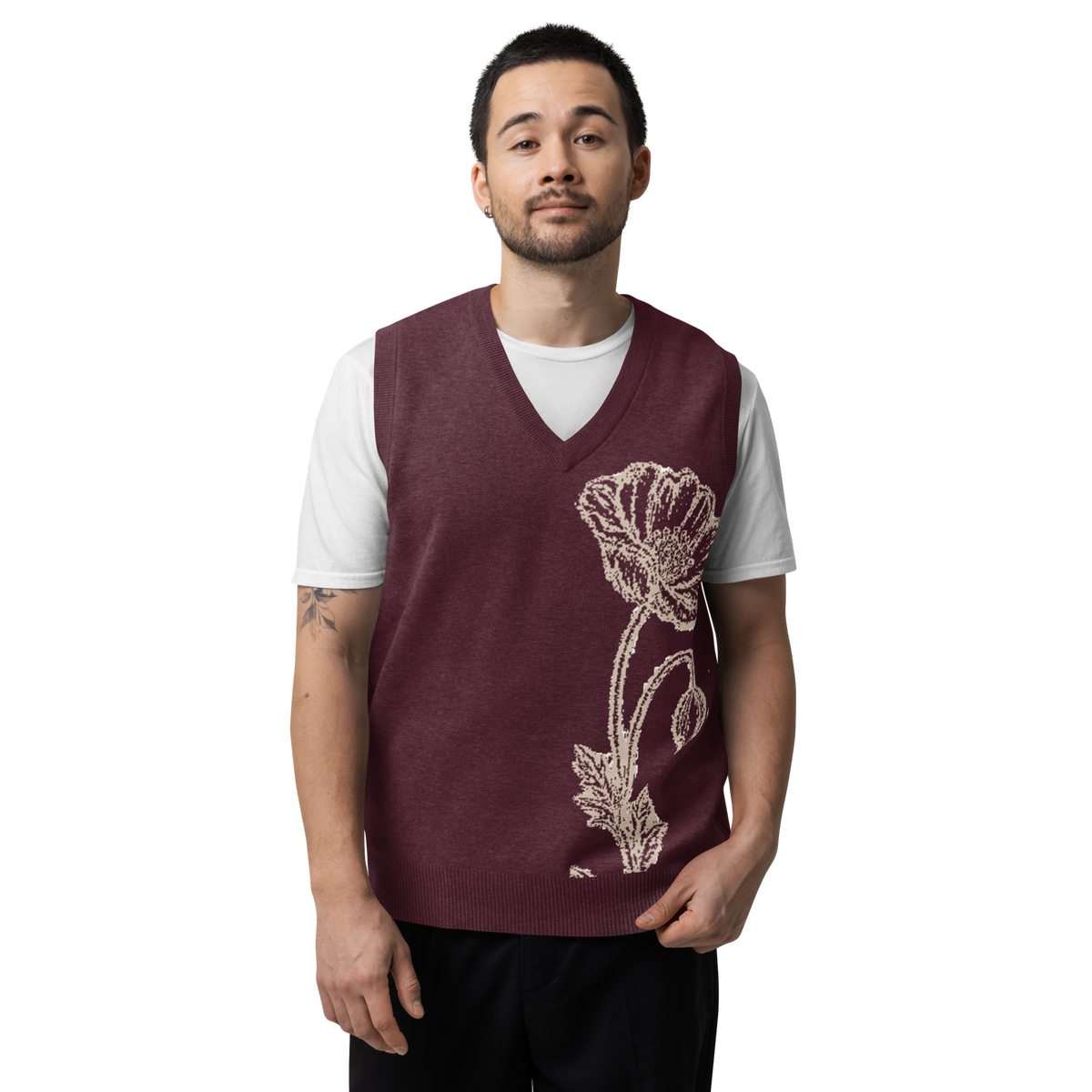 Flower Knit Vest — Burgundy / Cream — front view
