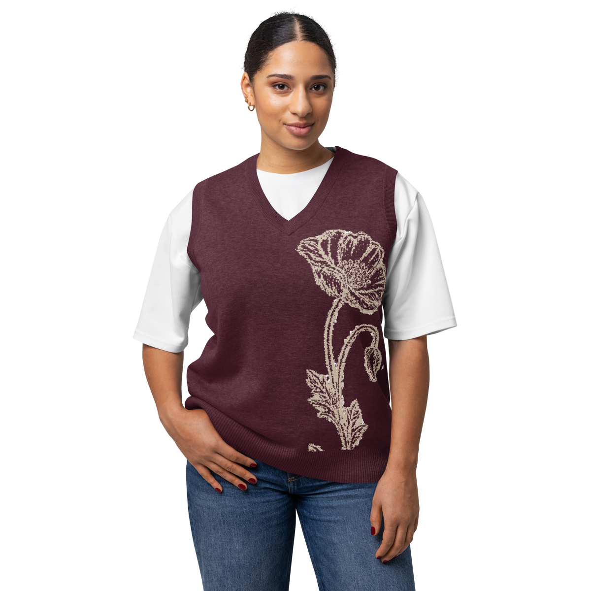 Flower Knit Vest — Burgundy / Cream — front view